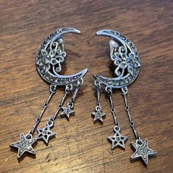 Vintage Kirks Folly Moon and Stars Dangle Clip on earrings - Picture 1 of 9